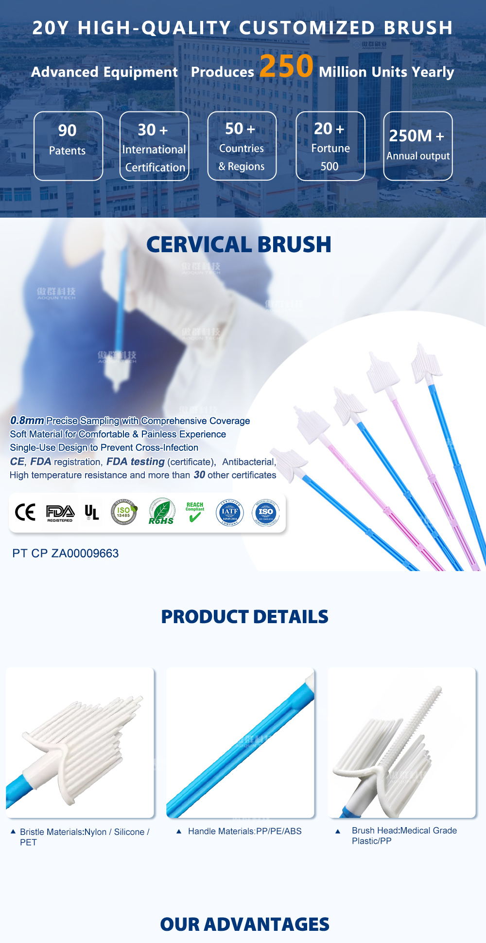 Disposable Sterile Cervical Brush for Pap Smear Soft Bristle Biocompatible