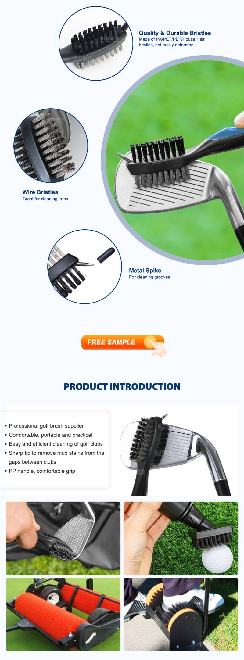 Golf Club Brush | Groove Cleaner Brush |  Retractable zip-line aluminum carabiner