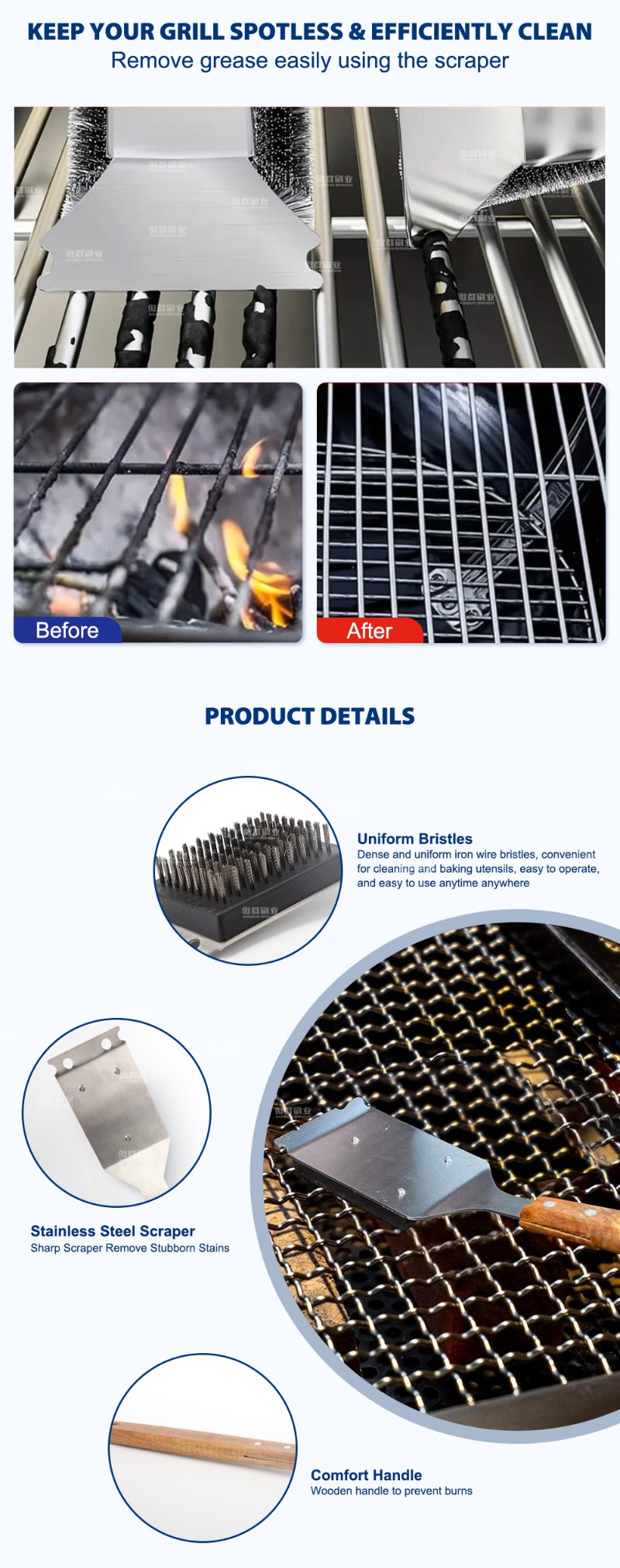 Grill Brush and Scraper for Barbecue | Wooden Handle and Replaceable Stainless Steel Bristles Head