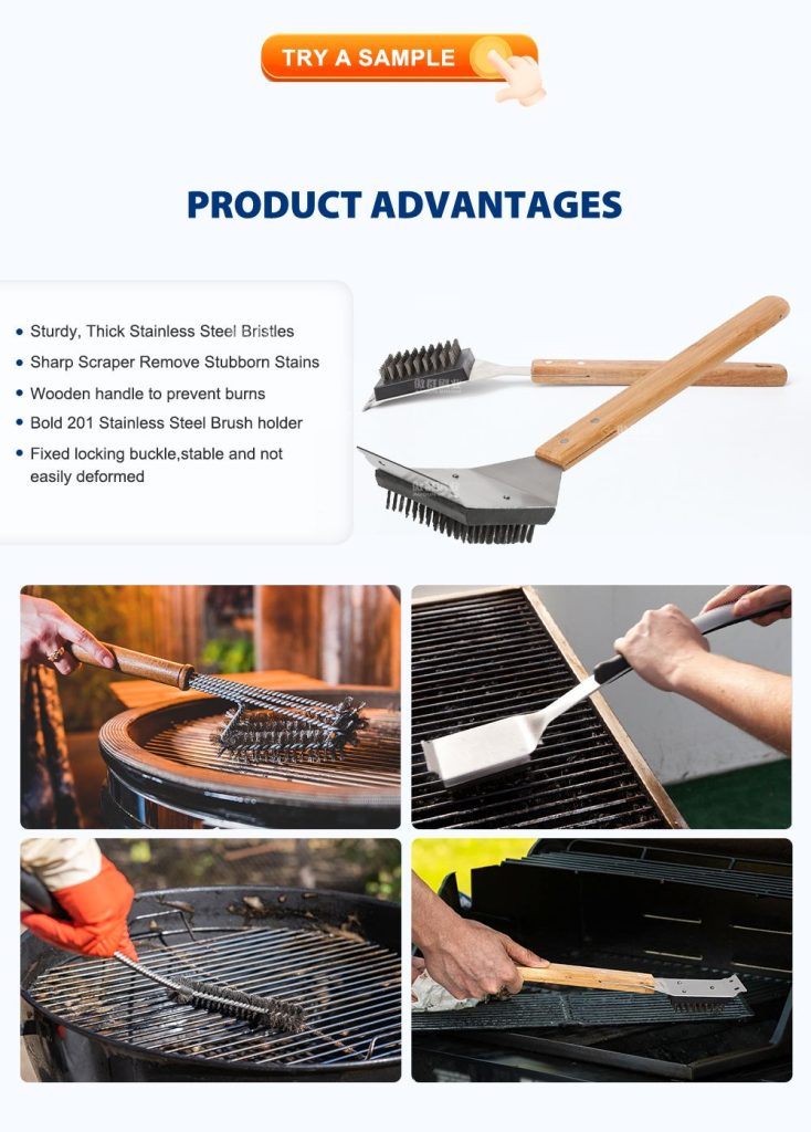 Grill Brush and Scraper for Barbecue | Wooden Handle and Replaceable Stainless Steel Bristles Head